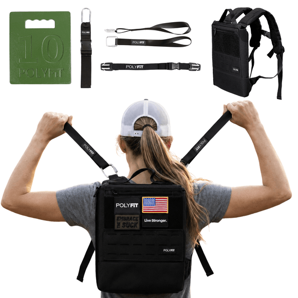 Polyfit Rucking Starter Kit - Rucking Backpack with 10lb Weight Plate, Rucking Straps, Sternum Strap & Hangar Loop